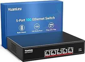 YuanLey 5 prievadų 10G Ethernet komutatorius, 5 x 10Gbps RJ45 prievadai, palaiko 10G/5G/2.5G/1G/100M greičio automatinį derinimą, 100Gbps komutavimo pajėgumas, nevaldomas komutatorius, montuojamas stove, "Plug and Play