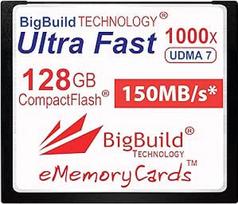 "eMemoryCards" 128GB itin greita 150MB/s "CompactFlash" atminties kortelė, suderinama su "Canon 10D/20D/30D/40D/50D/1D/1D/1Ds/5Ds/7D Mark I/II/III/IV, "Nikon D", "Olympus E", "Sony Alpha", "Leica S" fotoaparatais