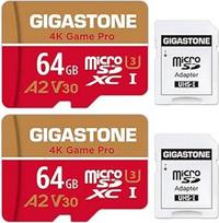 "Gigastone 4K Game Pro" 64GB "MicroSDXC" atminties kortelė, 2 vnt. ir SD adapteris su A2 programėlės našumu iki 95MB/s 4K vaizdo įrašymui, suderinama su "Switch", Micro SD kortelė UHS-I U3 V30 10 klasės