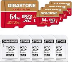 "Gigastone 4K Game Pro" 64GB "MicroSDXC" atminties kortelė, 5 vnt. ir SD adapteris su A2 programėlės našumu iki 95MB/s 4K vaizdo įrašymui, suderinama su "Switch", Micro SD kortelė UHS-I U3 V30 10 klasės