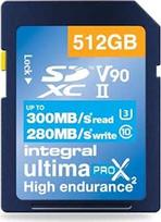"Integral" 512GB UHS-II SD kortelė V90 Iki 300MB/s skaitymo ir 280MB/s rašymo greitis SDXC profesionali didelės spartos atminties kortelė