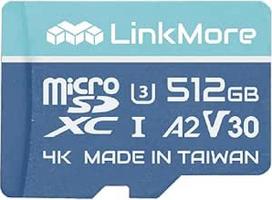"LinkMore" 512GB "Micro SDXC" kortelė, A2, UHS-I, U3, V30, suderinama su 10 klase, skaitymo greitis iki 160MB/s, įrašymo greitis iki 120MB/s, pridedamas SD adapteris