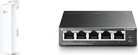 "TP-Link Pharos" serijos CPE510 lauko WLAN prieigos taškas baltos spalvos ir TL-SG1005P 5 prievadų Gigabit PoE komutatorius su 4 PoE+ prievadais (65 W, ekranuoti RJ-45 prievadai, IEEE-802.3af/at, "Plug & Play" diegimas), juodas