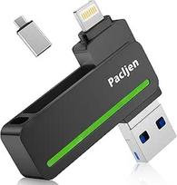 USB atmintinė "iPhone" 256GB, sertifikuota MFi, "Pacljen 3-in-1 Pen Drive USB su "Lightning" ir USB C, išorinė atmintis greitam atsarginių kopijų kūrimui, suderinama su "iPhone"/"iPad"/"Android"/"Mac/PC" (256GB, juoda)