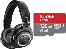 "Audio-Technica M50xBT2" belaidės juodos ausinės ir "SanDisk Ultra Android microSDXC UHS-I" 128GB atminties kortelė ir adapteris