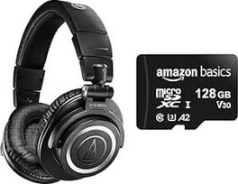 "Audio-Technica" M50xBT2 belaidės ausinės juodos ir "Amazon Basics" - 128GB "MicroSDXC" atminties kortelė su SD adapteriu A2 U3 100MB/s maksimalus skaitymo greitis - juoda
