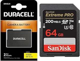 "Duracell DRNEL14" ličio jonų fotoaparato baterija, pakeičianti EN-EL14 ir "SanDisk Extreme PRO SDXC UHS-I" atminties kortelę 64GB