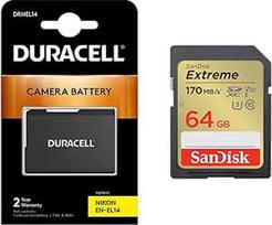 "Duracell DRNEL14" ličio jonų fotoaparato baterija, pakeičianti EN-EL14 ir "SanDisk Extreme SDXC UHS-I" 64GB atminties kortelę (V30, 170MB/s perdavimas, U3, 4K UHD vaizdo įrašai, "SanDisk QuickFlow" technologija)