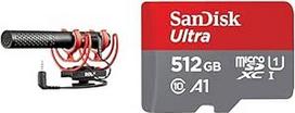 "RØDE VideoMic NTG Premium" USB / fotoaparato mikrofonas ir "SanDisk Ultra Android microSDXC UHS-I" 512GB atminties kortelė + adapteris