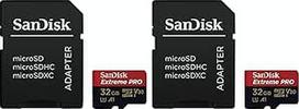 "SanDisk Extreme PRO microSDHC UHS-I" atminties kortelė 32GB + adapteris ir "RescuePRO Deluxe" (skirta išmaniesiems telefonams, veiksmo kameroms arba dronams, A1, 10 klasė, V30, U3, 100MB/s perdavimo greitis) (2 vnt.)