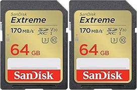 "SanDisk Extreme SDXC UHS-I" 64GB atminties kortelė (V30, 170MB/s duomenų perdavimas, U3, 4K UHD vaizdo įrašai, "SanDisk QuickFlow" technologija, atspari vandeniui, smūgiams, temperatūrai) (2 vnt.)