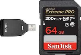 "SanDisk SD UHS-I" kortelių skaitytuvas, juodas ir "Extreme PRO SDXC UHS-I" 64GB atminties kortelė (V30, perdavimo greitis 200MB/s, U3, 4K UHD vaizdo įrašai, "SanDisk QuickFlow" technologija, atspari temperatūrai)