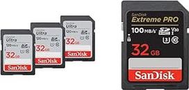 "SanDisk Ultra SDHC UHS-I" 32GB atminties kortelė (3 pakuotės) ir "Extreme PRO SDHC UHS-I" 32GB atminties kortelė (V30, perdavimo greitis 100MB/s, U3, 4K UHD vaizdo įrašai, atspari temperatūrai)