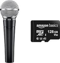 "Shure SM58SE" kardioidinis dinaminis vokalinis mikrofonas su "Eius" jungikliu ir "Amazon Basics" 128GB "MicroSDXC" atminties kortelė su SD adapteriu A2 U3 100MB/s maksimalus skaitymo greitis - juoda
