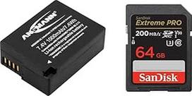 ANSMANN fotoaparato akumuliatorius DMW-BLC12 7,4 V 1000 mAh - idealiai tinka "Panasonic Lumix G5" ir "SanDisk Extreme PRO SDXC UHS-I" 64GB atminties kortelei (V30)