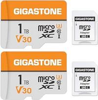 GIGASTONE 1 TB MicroSDXC atminties kortelė, 2 pakuotės + SD adapteris, iki 140/100MB/s, skirta "GoPro" dronų ir planšetinių kompiuterių veiksmo kameroms, 4K UHD vaizdo įrašymas, Micro SD kortelė UHS-I A1 10 klasės U3