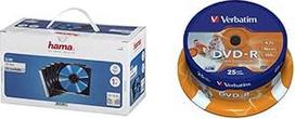 Plonas CD tuščias dėklas, skaidrus, juodas, 50 vnt. & Verbatim DVD-R Wide Inkjet Printable 4,7GB, 25 vnt., DVD tuščių spausdintinių blankų, 16x įrašymo greitis