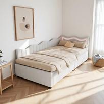 Sofa-lova 90x200 cm, su LED apšvietimu, grotelių pagrindu, pliušiniu meškiuko audiniu, balta