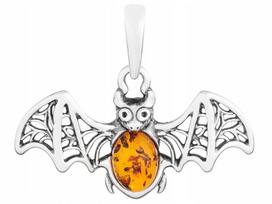 Sidabrinis pakabukas "šikšnosparnis" su gintaru, ažūrinis