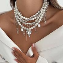 Salircon Exquisite Luxury Multilayer Imitation Pearl Tassel Choker Necklace for Women New Heart Pendant Necklace Wedding Jewelry balta
