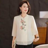 Women's Chinese Style Embroidery Blouse Mandarin Collar 3/4 Sleeve Asymmetric Button-Up Casual Top for Middle-Aged XL balta