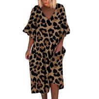 Didelio dydžio leopardo rašto vidutinio ilgio suknelės, pusės rankovės, moteriškos, vasarinės, atsitiktinės, paplūdimio vakarėlio suknelė, laisva, vintažinė, šventinė XXXL chaki