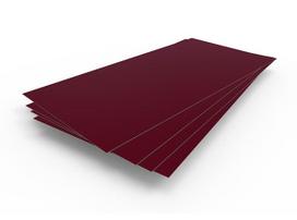 Lygus cinkuoto plieno lakštas, dengtas poliesteriu ir dengtas apsaugine plevele, RAL 3005 (vyšninė spalva). 1,25m x 2m (2,5m²)