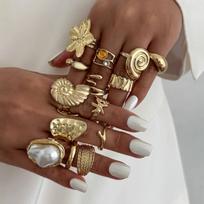 Salircon 14 Pcs/Set Hip Hop Creative Flower Conch Rings for Women Men Punk Gold Color Imitation Pearl Knuckle Joint Ring Jewelry
