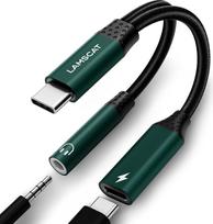 LAMSCAT USB C ausinių adapteris ir įkrovimo adapteris, "2-in-1" C tipo ir 3,5 mm lizdo adapteris, palaiko 60 W greitąjį įkrovimą, skirtas "Samsung S24/S23/S21/S20+" (žalias)