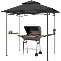 "Outsunny" BBQ pavėsinė su LED 240 x 150 x 258 cm vandens nepraleidžianti liepsnai atspari sodo pavėsinė su dvisluoksniu stogu, šoniniais stovais, pavėsinės su UV apsauga, BBQ pavėsinė vakarėliams BBQ tamsiai pilka