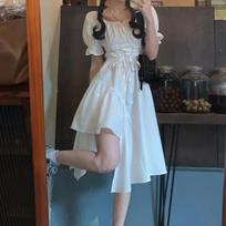 Moteriška balta suknelė Vasarinė Elegantiška Vintažinė Kawaii Puff Sleeve Midi Suknelė Kvadratinė apykakle Tvarstis Sundress Goth Apranga S balta