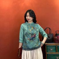 Women's Teal Linen Blouse 3/4 Sleeve Mandarin Collar Dragon Embroidery Chinese Style Top L žalia