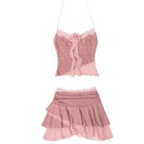 2026 Sweet Hot Girl Suit Women's Summer Sexy Slim Fit Camisole Top High Waist Mini Skirt Two Piece Set Fashion Female Clothes S rožinė