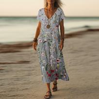 Vasaros suknelė Moteriška ilga Boho paplūdimio suknelė Elegantiška Maxi suknelė V formos iškirpte Trumpomis rankovėmis Vasarinė tunikos suknelė Lengva, orui laidi M tamsiai mėlyna spalva