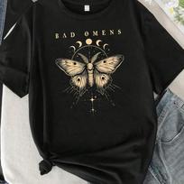 BAD OMENS raidžių rašto apvalios apykaklės moteriški marškinėliai trumpomis rankovėmis madingi marginti pusrankoviai marškiniai elastiniai marškinėliai S juoda