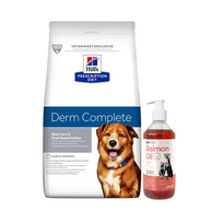 HILL'S PD Prescription Diet Canine Derm Complete 1,5 kg + LAB V Lašišų aliejus šunims ir katėms 500ml
