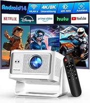 "Alwtniet" mini projektorius 4K 8K, Full HD 1080P išmanusis projektorius su "Android 14", "WiFi 6", "Bluetooth 5.4", automatinio fokusavimo automobilinis keystone 180° kampu besisukantis projektorius, mažas namų kino teatras, itin mažas atstumas