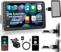 Automobilinis radijo imtuvas su ekranu Vieno DIN automobilinis radijo imtuvas su navigacija "Bluetooth", belaidis "CarPlay", "Android", DAB plius atbulinės eigos kamera, 1DIN su 10,1 colio pasukamu jutikliniu ekranu, 2+64G "Android" 14