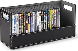 DVD laikymo dėžė, filmų lentynos organizatorius "Blu-Ray", vaizdo žaidimų dėklas, kompaktiniai diskai, VHS juostų stovas, diskų laikiklis, kuriame galima laikyti iki 28 DVD, dirbtinė oda (juoda)