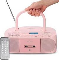 MEDION DRX-1 Plus Boombox (nešiojamas DAB+ FM radijas, "Bluetooth", CD grotuvas, MP3, kasetė, ausinių lizdas, stereo garso sistema, AUX, maitinimo šaltinis ir akumuliatorius) Rožinis