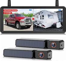Saulės atbulinės eigos kamerų belaidė 2 kamerų sistema: 2 minučių montavimas, 7,2 colių 1080P HD padalytas ekranas su dviem antenomis, stabilus signalas, IP69K vandeniui atsparios atbulinės eigos kameros sunkvežimiams