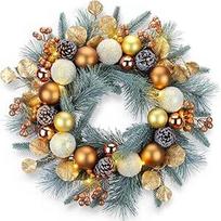 YULETIME kalėdinis vainikas 20" su puokštėmis, uogomis, pušų kankorėžiais, lapais, matinėmis eglės šakomis ir pušų spygliais (auksinis)