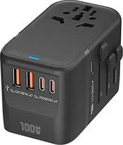 100 W GaN universalus kelioninis adapteris Tarptautinis maitinimo adapteris su 5 USB (3 USB C) įkrovimo prievadais Europinis kelioninis kištukas, skirtas kelionėms iš JAV į Europą, JK, ES, AU (C/G/A/I tipo) Sieninis įkroviklis
