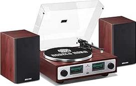 ANGELS HORN Vintage patefonas, "Bluetooth" HiFi patefonas su lentynos garsiakalbiais, įmontuotu Phono preampu, 2 greičių diržine pavara, aukščio reguliavimu, AT-3600L imtuvu