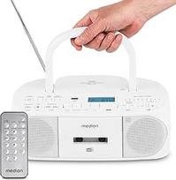 MEDION DRX-1 Plus Boombox (nešiojamas DAB+ FM radijas, "Bluetooth", CD grotuvas, MP3, kasetė, ausinių lizdas, stereo garso sistema, AUX, maitinimo šaltinis ir akumuliatorius), baltas