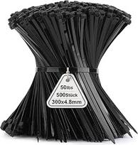Pakuotė 500 kabelių kaklaraiščių juoda 12 colių, 300 mm x 4,8 mm nailono kaklaraiščiai, kabelių kaklaraiščių tempimo stipris 22 kg, UV spinduliams atsparūs kabelių kaklaraiščiai Zip, savaime užsifiksuojantys pramoniniai kabelių kaklaraiščiai, skirti kabel