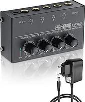 SinLoon HA400 4 kanalų stereofoninių ausinių stiprintuvas, metalinis mini garso skirstytuvas su nepriklausomu garsumo valdymu, 1/4 colio TRS išėjimu ir įėjimu, su 12 V adapteriu studijai, scenai, kompiuteriui, gitarai