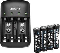 "ABSINA" baterijų įkroviklio rinkinys AA AAA ir 9V, įskaitant 4x AA 2900 baterijas - NiMH baterijų įkroviklis AAA AA ir 9V blokas 4 krypčių įkraunamoms baterijoms - baterijų įkroviklis