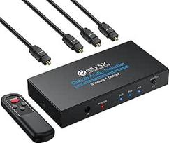 "eSynic SPDIF/Toslink" perjungiklis 3x1 su IR nuotolinio valdymo pulteliu Skaitmeninis optinis garso jungiklis LPCM2.0/DTS/Dolby-AC3, 40 m atstumas, LED būsenos ekranas, apsauga nuo perkrovos