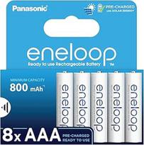 "Panasonic eneloop" 8 paruoštų naudoti Ni-MH baterijų pakuotė, AAA/Micro, padidintos talpos, min. 800 mAh, 2100 įkrovimo ciklų, aukštos kokybės, mažas savaiminio išsikrovimo greitis, BK-4MCDE/8BE, mėlyna